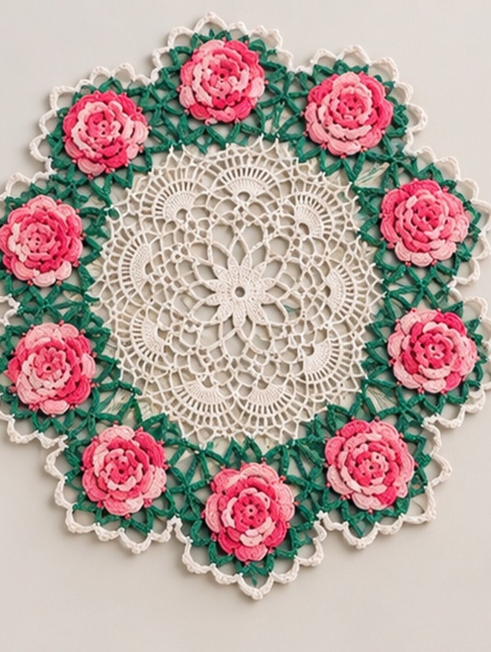 Vintage Crochet Doily Set of 3 Pink Roses Floral Handmade Cottage Decor